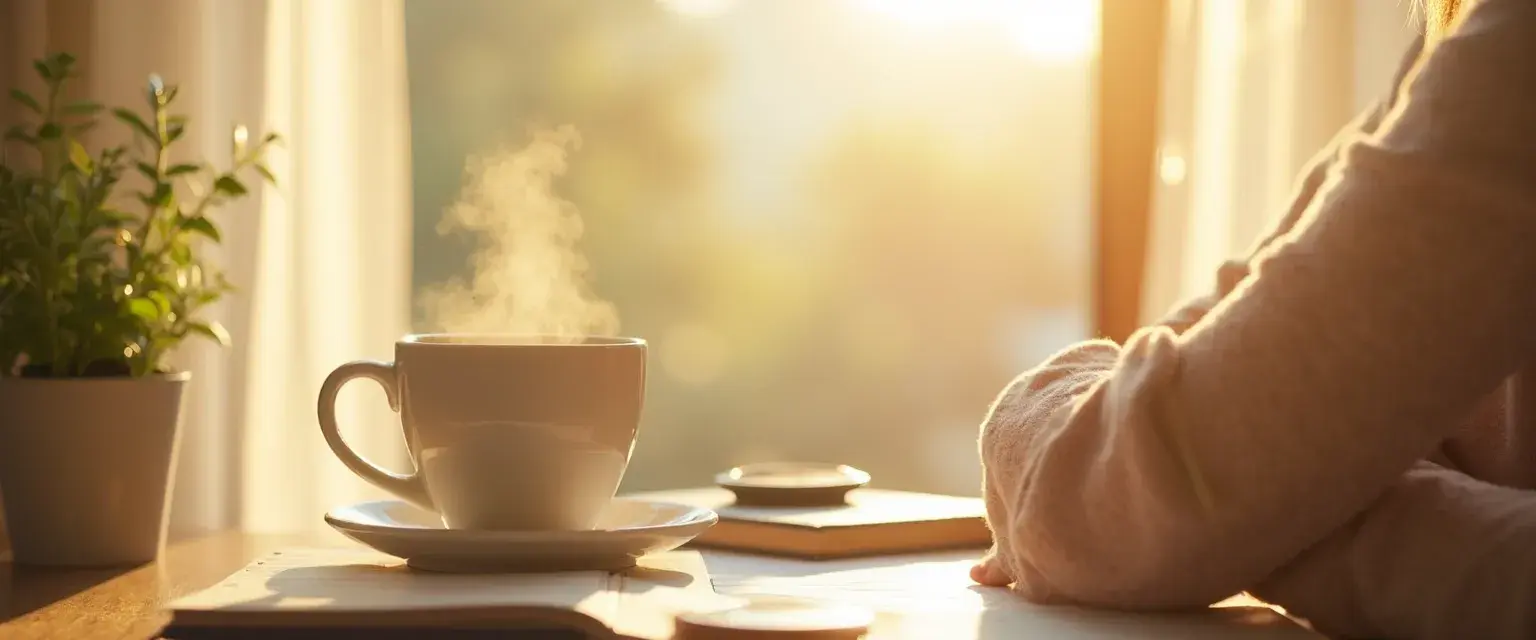 Person practicing mindful morning routine with a cup of tea